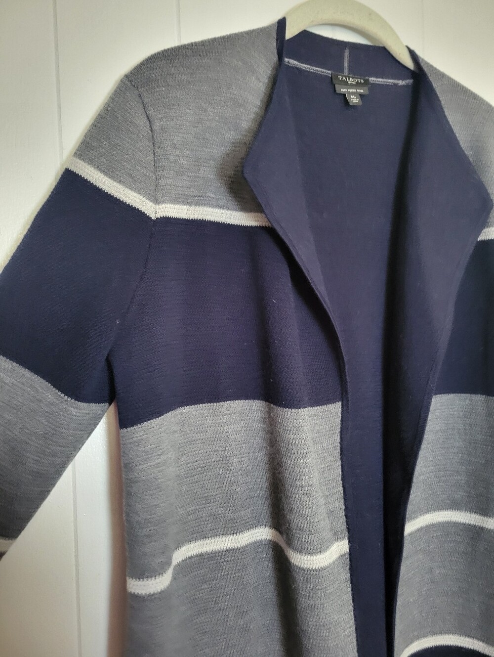 Talbots Striped Merino Wool Double Face Duster Cardigan Sweater Blue Gray MP - Picture 3 of 10
